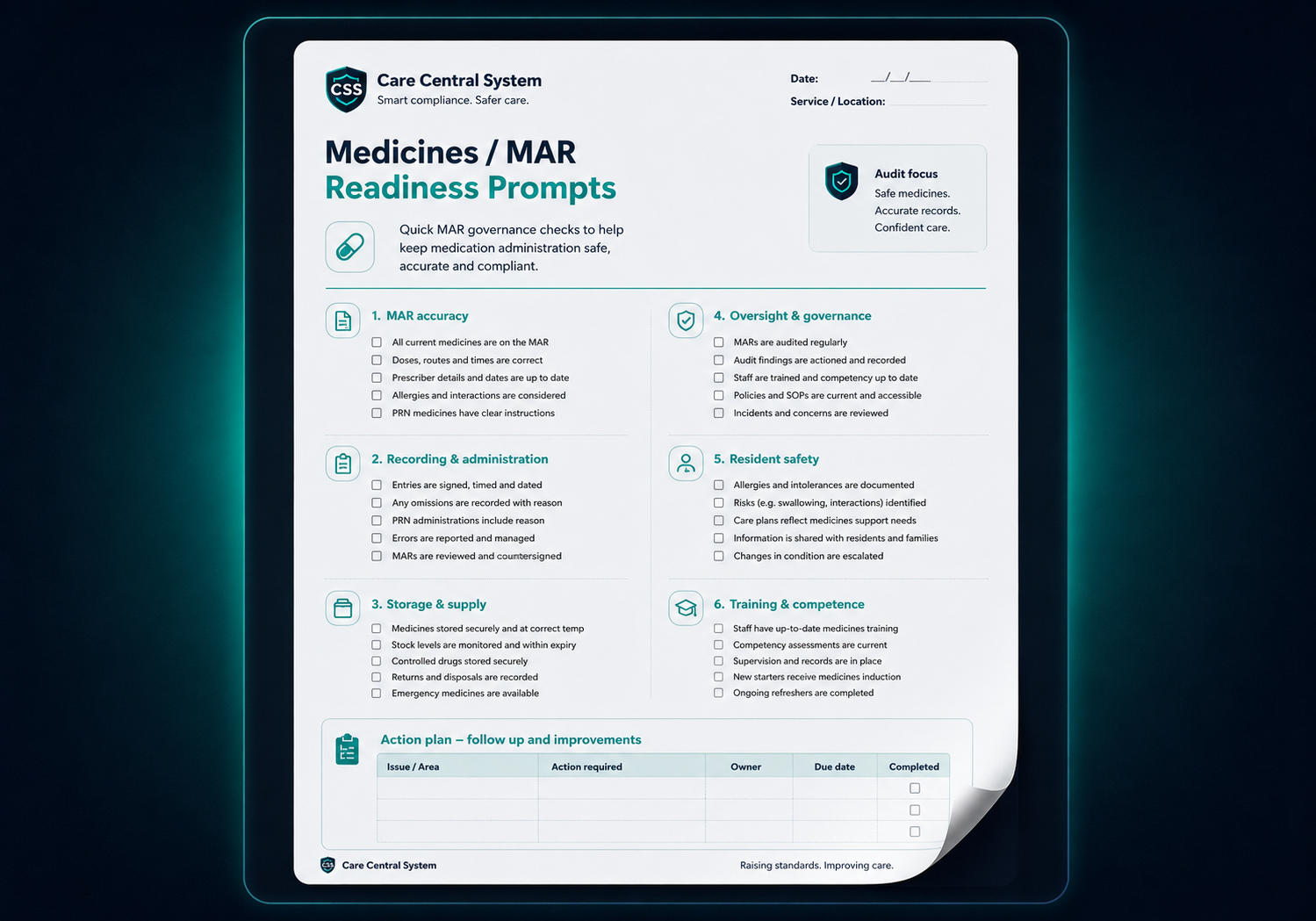 Medicines and MAR compliance checklist mockup